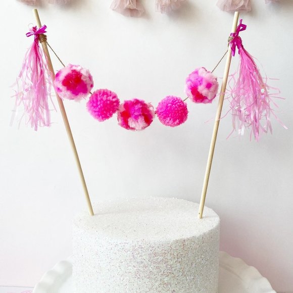 Pink Pom Pom Cake topper, Birthday Cake Topper for Girls, Tassel Cake Topper - Picture 1 of 4